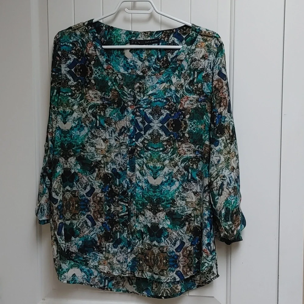 Zara Green Teal Blue Printed V-Neck Blouse - Picture 11 of 15